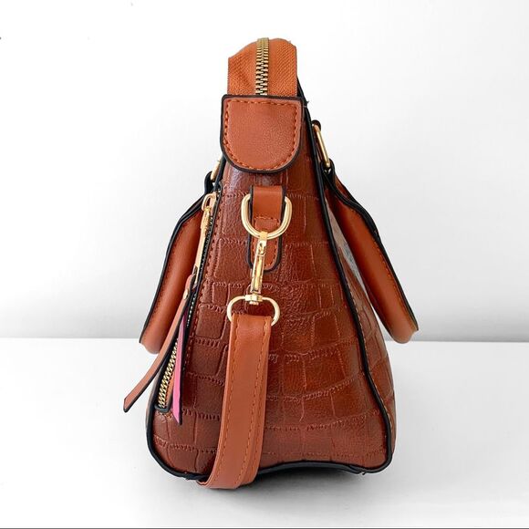 Vegan Brown Crocodile Leather Satchel Bag NWOT - Picture 4 of 6